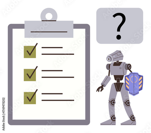 Robot with shield standing near checklist with tick marks and a question mark. Ideal for automation, decision-making, task efficiency, AI reliability, cybersecurity, workflow, programming