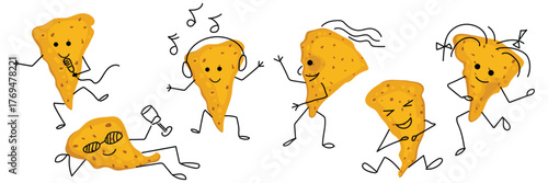 Nacho characters singing and dancing at a music party. Mexican food. Set of stickers for snack packaging and banners. Vector illustration of a mascot for Mexican cuisine. For design fast food, menus.