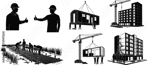 Silhouette vector illustration of workers with cranes lifting modular units, paving blocks, teamwork, safety, construction process, architecture, engineering, building, and industry