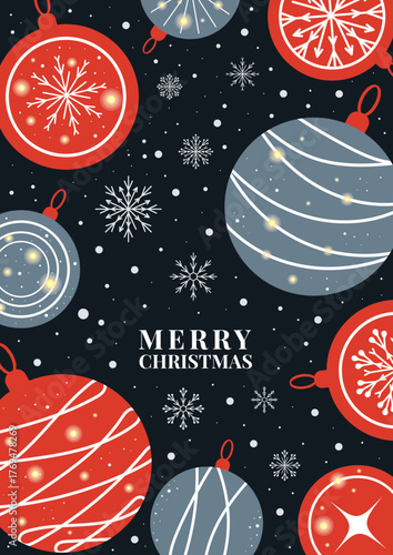 Colorful Christmas card with Christmas balls and snowflakes on a dark background. Vector template for postcards, flyers