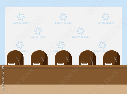 Empty press conference cartoon scene. Press conference with table and microphones. Vector stock