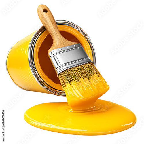 Yellow paint can with brush and dripping paint isolated on transparent background