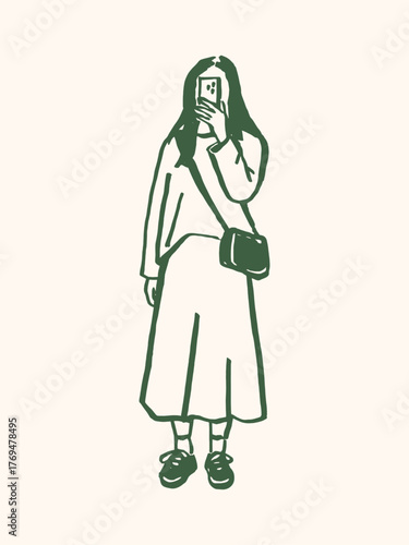 woman taking mirror selfie minimal line sketch vector illustration