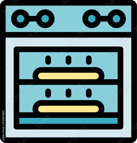 Two loaves of bread baking inside a convection oven, kitchen appliance icon