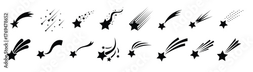 Shooting star icon set with glowing comet and night sky concept in flat design.