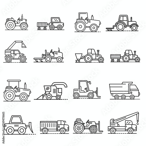 Modern agriculture machine icon set for farming, tractor, and harvest concepts.