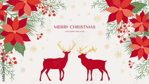 Colorful Christmas banner with illustration of deer, poinsettia flowers, coniferous branches and berries. Happy New Year and Merry Christmas greeting template