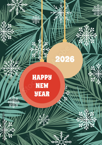 Christmas card With a botanical design of coniferous branches and hanging Christmas tree balls with New Year greetings. Vector template for postcards, flyers, invitations