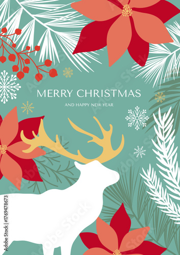 Christmas Card With A Colorful Illustration Of a poinsettia Flower, coniferous branches, berries and a silhouette of a deer. Vector template for greeting card, banner, flyer, invitation