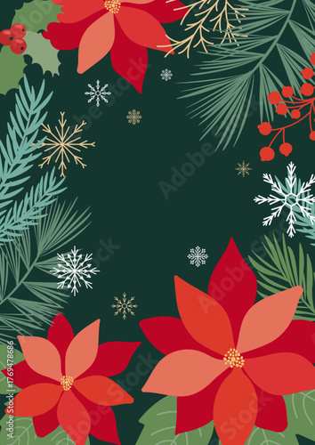 Colorful Christmas background made of a frame with poinsettia flowers, coniferous branches, berries with a place for text. Vector banner for greetings, postcards, flyers