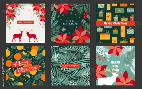set of beautiful square postcards for New Year and Christmas. Abstract colorful design of Christmas Decorations, coniferous branches, poinsettia flowers, berries, oranges, tangerines, deer