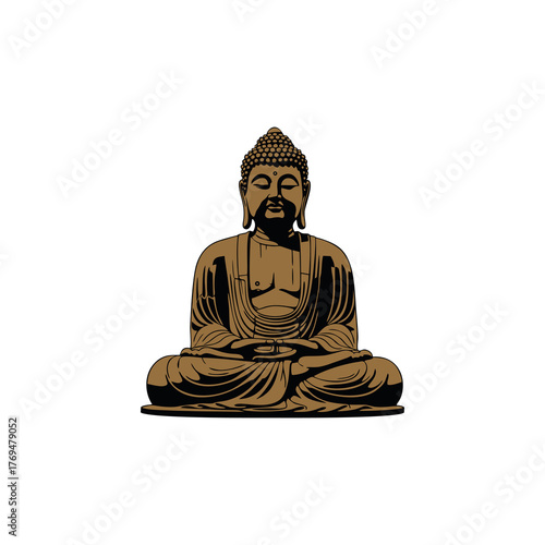 Illustration of a Buddha statue in a seated meditative pose, depicted in brown tones against a white background.