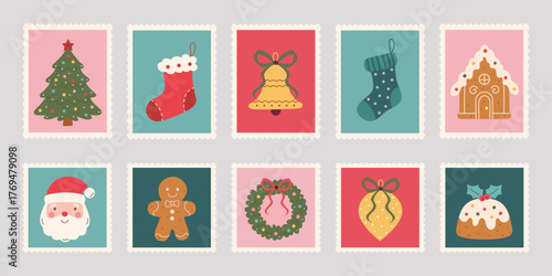 A vintage Christmas postage stamp set with festive mail stickers featuring hand-drawn holiday icons: Xmas tree, stockings, bell, bows, gingerbread house, wreath, pudding, and Santa. Winter vector art.
