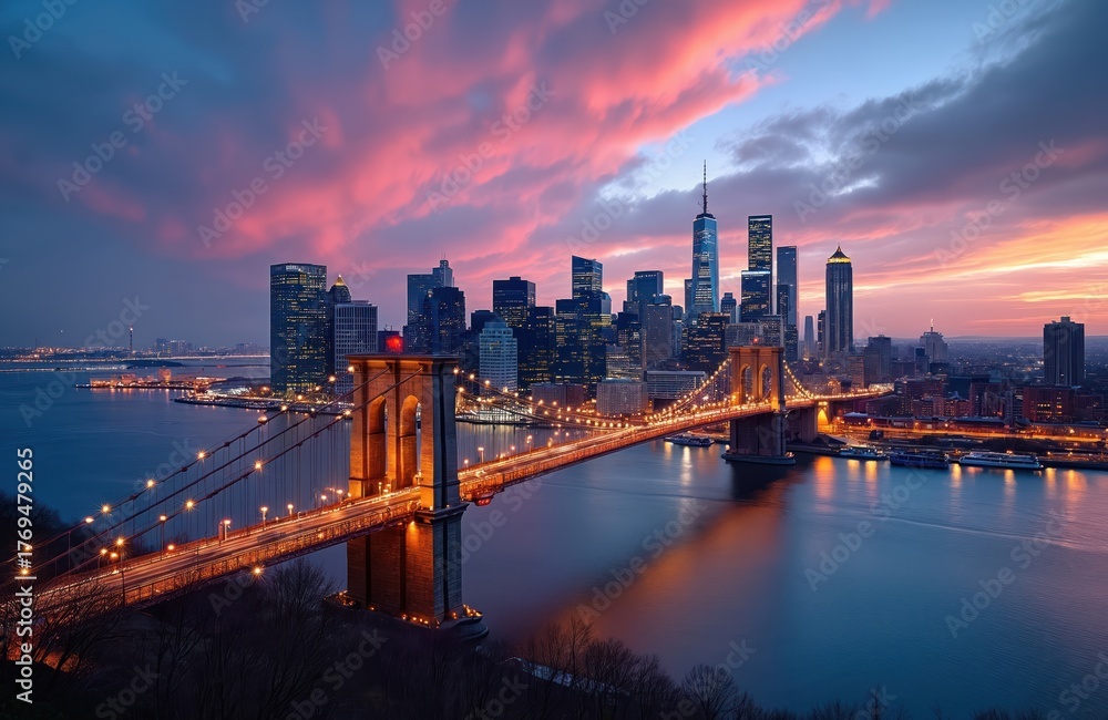 Fototapeta premium Brooklyn Bridge spans river at twilight with New York City skyline. Colorful clouds paint sky above illuminated skyscrapers and towers. Water reflects city lights.