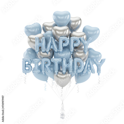 Pastel blue and silver foil balloons spelling out 'Happy Birthday' floating prominently. Conveys a fresh, cool, and modern feeling. Ideal for parties, boy's birthday cards, or pastel-themed social med