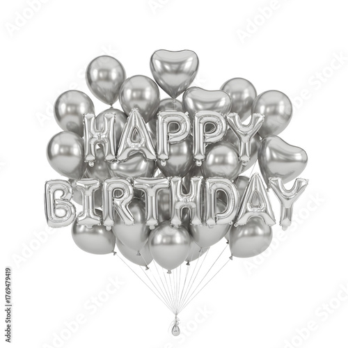 Metallic silver foil balloons spelling out 'Happy Birthday' floating against a bright background. Conveys a festive, modern, and elegant feeling. Ideal for celebrations, greeting cards, or social medi