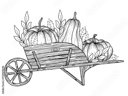 Wooden cart with pumpkins and leaves. Hand drawn vector graphics. Simple black graphic of a rustic vegetable cart. Sketch style outline illustration for Thanksgiving, harvest and autumn design