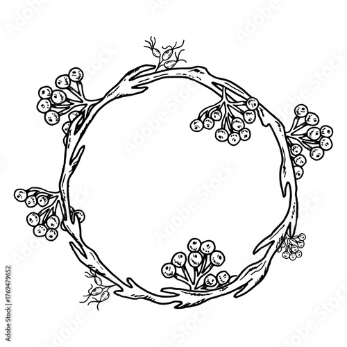 A wreath woven from branches and clusters of rose hips and rowan berries. Vector illustration of a botanical frame. Hand drawn black graphics. Line art for logos, botanical designs and packaging