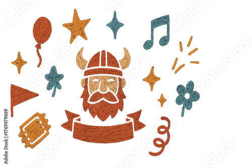 Viking character surrounded by festive symbols like stars, balloons, and musical notes at a lively celebration
