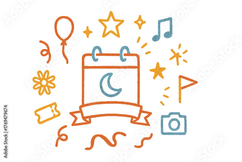 Celebration planning with illustrations of fun symbols and activities on a calendar design