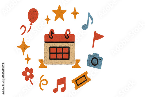 Creative decorations for event planning including calendar, camera, and festive symbols
