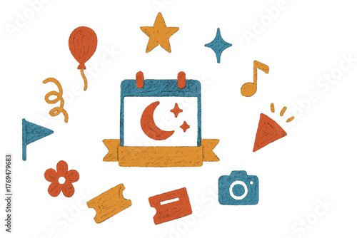 Colorful celebration icons with moon, camera, and music notes create a festive atmosphere for events and parties