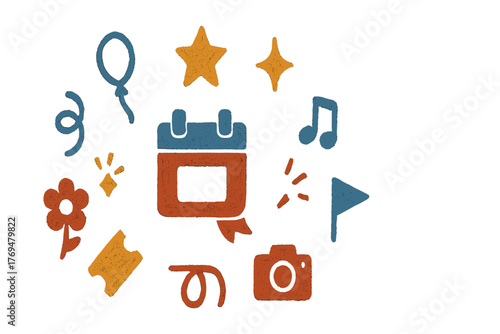 Colorful icons represent various activities, events, and celebrations in a creative design suitable for invitations