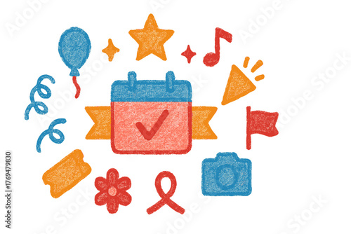Fun symbols of celebration and events drawn in colorful crayon style for a lively atmosphere