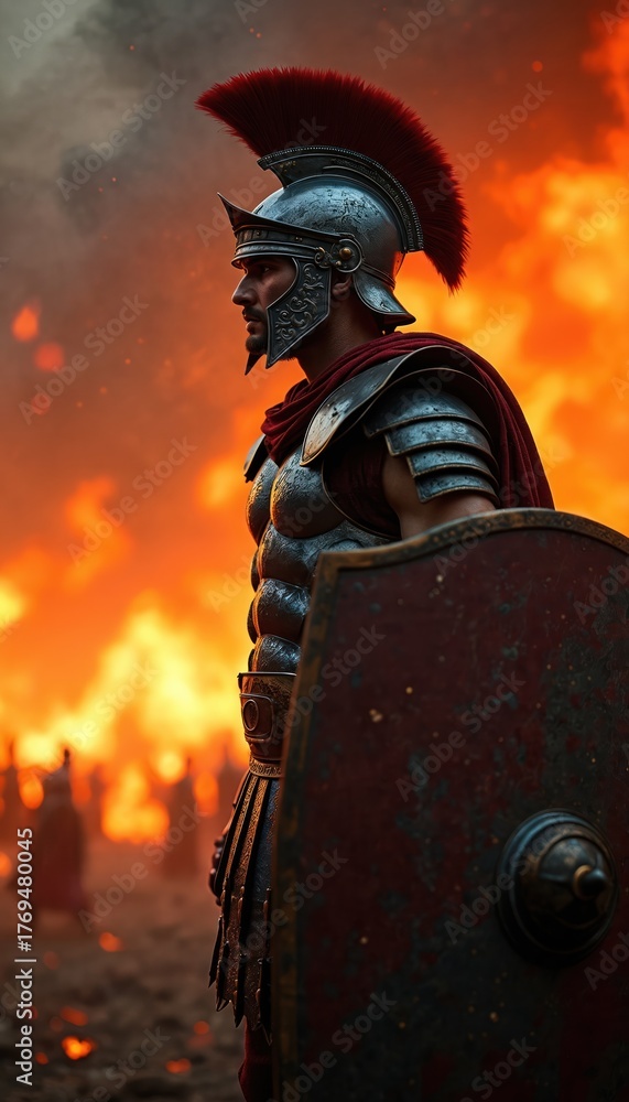 Naklejka premium Roman soldier stands on burning battlefield. Legionnaire wears metal armor, red plume helmet and holds shield. Warrior fights in war with blurred fiery background and soldiers.
