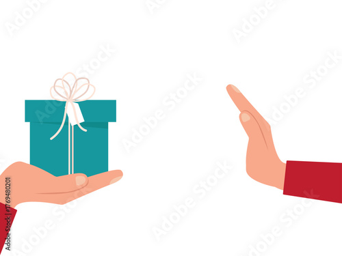 People hand refuses to receive the gift or present box from other people. Hand Refusing Bribe Gift. Hand rejecting proposal with gift box. Vector illustration