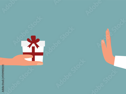 People hand refuses to receive the gift or present box from other people. Hand Refusing Bribe Gift. Hand rejecting proposal with gift box. Vector illustration