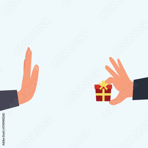 People hand refuses to receive the gift or present box from other people. Hand Refusing Bribe Gift. Hand rejecting proposal with gift box. Vector illustration