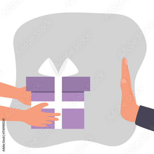 People hand refuses to receive the gift or present box from other people. Hand Refusing Bribe Gift. Hand rejecting proposal with gift box. Vector illustration