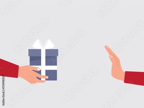 People hand refuses to receive the gift or present box from other people. Hand Refusing Bribe Gift. Hand rejecting proposal with gift box. Vector illustration