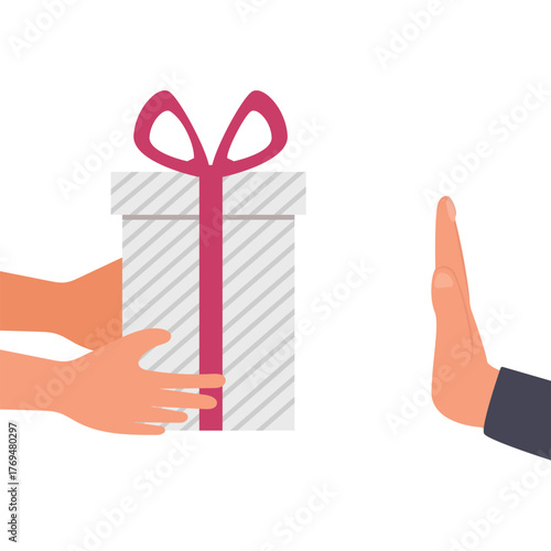 People hand refuses to receive the gift or present box from other people. Hand Refusing Bribe Gift. Hand rejecting proposal with gift box. Vector illustration