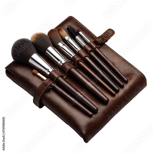 Set of makeup brushes in a leather case isolated on transparent background