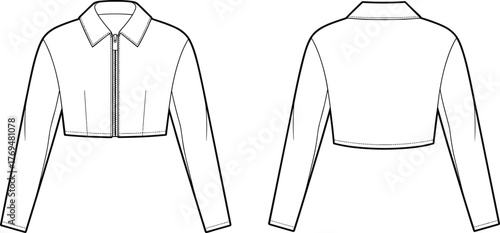 Cropped zip front jacket fashion flat sketch with classic collar long sleeves princess seams front and back vector template