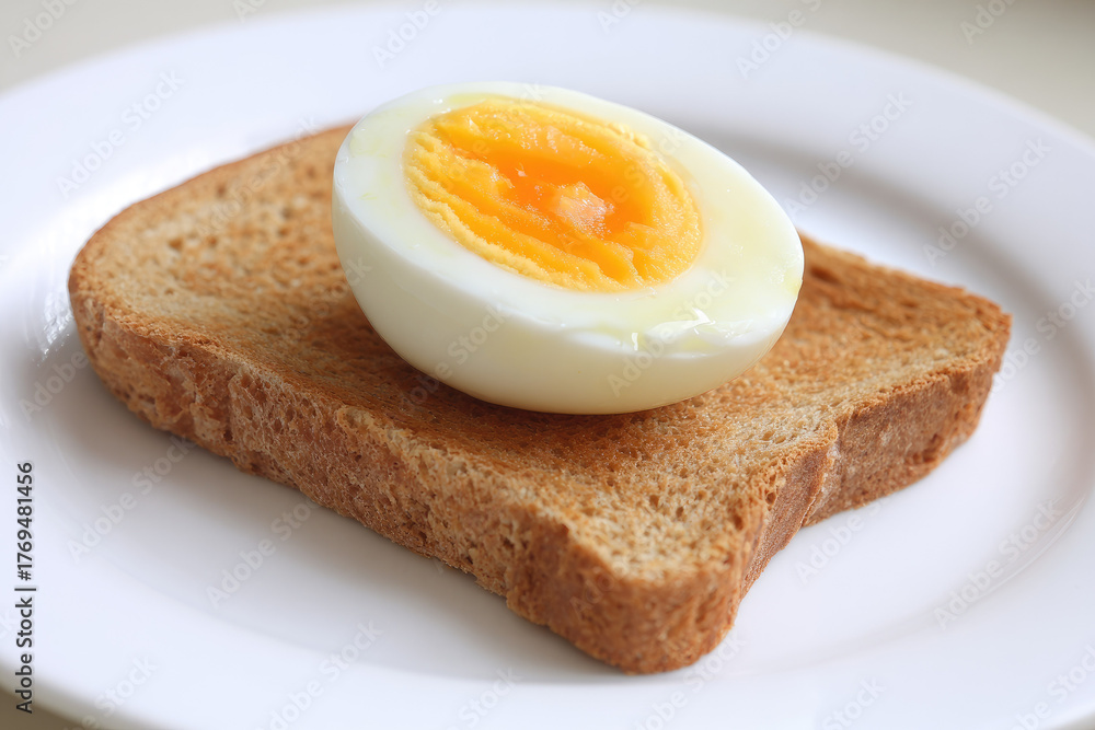 Fototapeta premium Slice of toasted bread and boiled egg half rest on white plate, creating simple breakfast meal with warm and inviting appearance