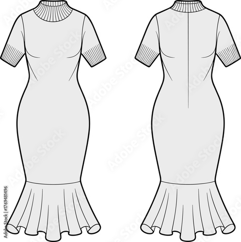 Elegant women’s mermaid midi dress fashion flat sketch with ribbed mock neck and short sleeves, technical clothing vector template