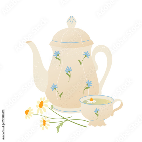 Elegant illustration of chamomile tea in porcelain teapot with blue flowers for quiet moments Gentle, calming and cozy vector design for wellness branding, tea packaging, spa visuals, lifestyle blogs