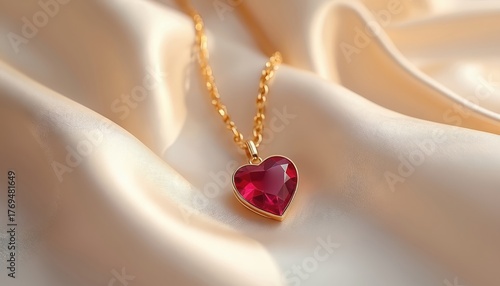 Gold chain necklace with heart shaped ruby pendant rests on soft ivory satin fabric. Luxury jewelry item offers elegant and sophisticated style. Beautiful gem adornment for special occasions.