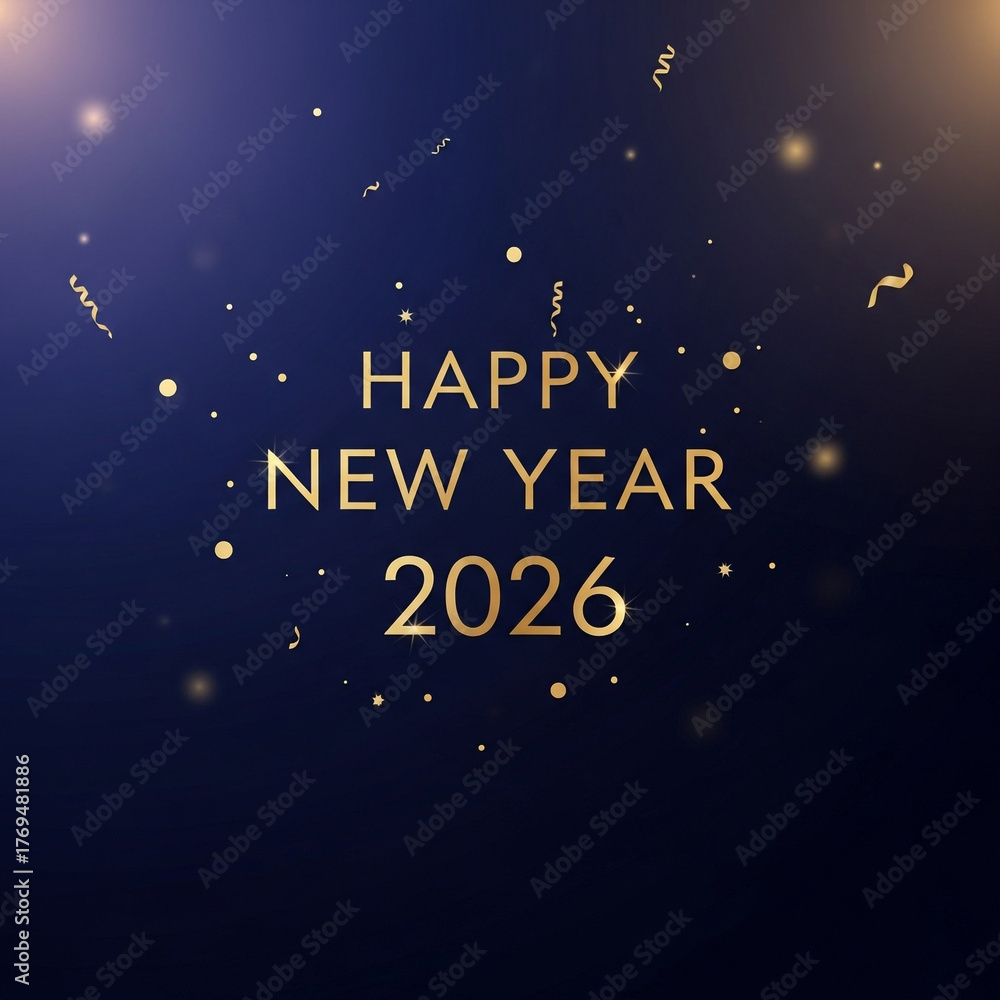 Naklejka premium Elegant minimalist Happy New Year 2026 background, gold typography on dark blue gradient with sparkling confetti and light bokeh, luxury design for greeting cards and posters.