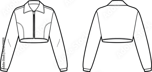Modern fashion flat sketch of cropped zip jacket with collar, long sleeves and stitching details technical drawing vector illustration