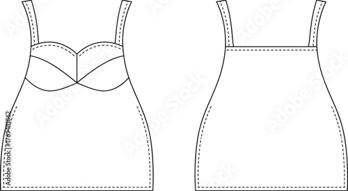 Modern women’s lingerie slip dress fashion technical flat sketch with front and back view, sewing pattern template and apparel design illustration
