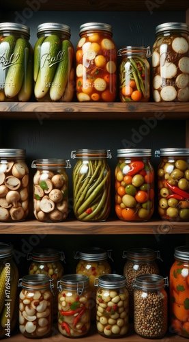 Colorful jars of pickled vegetables on wooden shelves