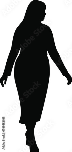 Vector silhouette illustration of woman walking in long dress with flowing hair for fashion concept, lifestyle design, and motion posture reference