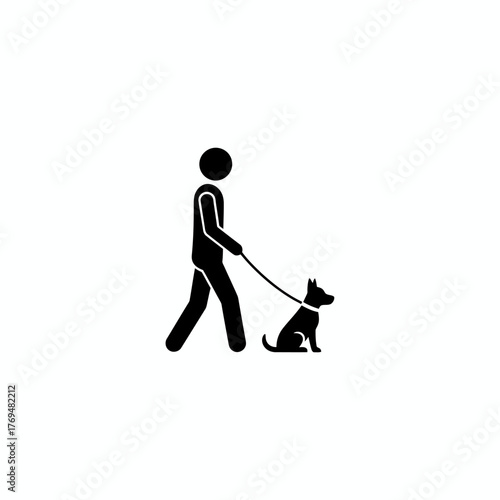 Stick Figure Walks Dog Simple Icon of Person and Pet