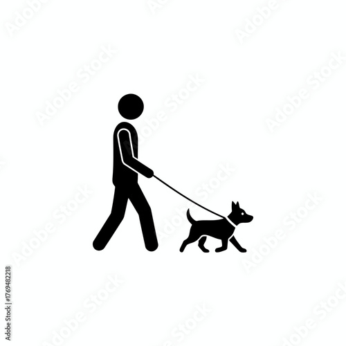 Walking the Dog Simple Black and White Icon Illustration of a Person with Their Pet