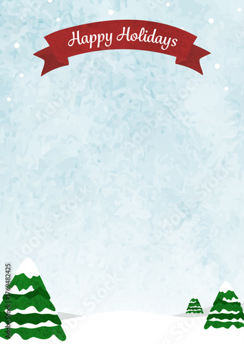 水彩のもみの木と雪の冬景色と青空　クリスマスイラスト　- Watercolor fir tree, snowy winter landscape and blue sky Christmas illustration