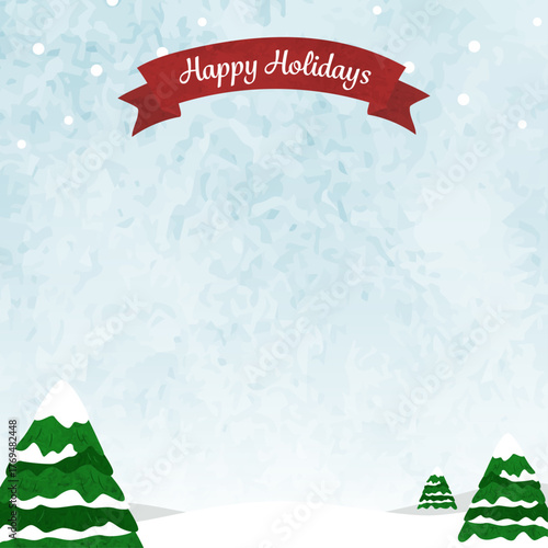 水彩のもみの木と雪の冬景色と青空　クリスマスイラスト　- Watercolor fir tree, snowy winter landscape and blue sky Christmas illustration